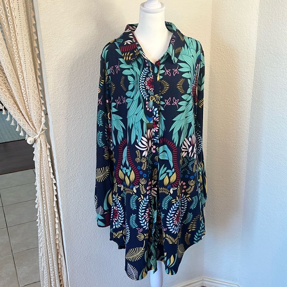 Women's Reborn Graphic Floral Print Tunic Length Shirt / Dress ~ Size 2XL